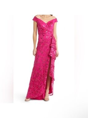 Tadashi Shoji Hot Pink One-Shoulder Floral Lace Evening Gown